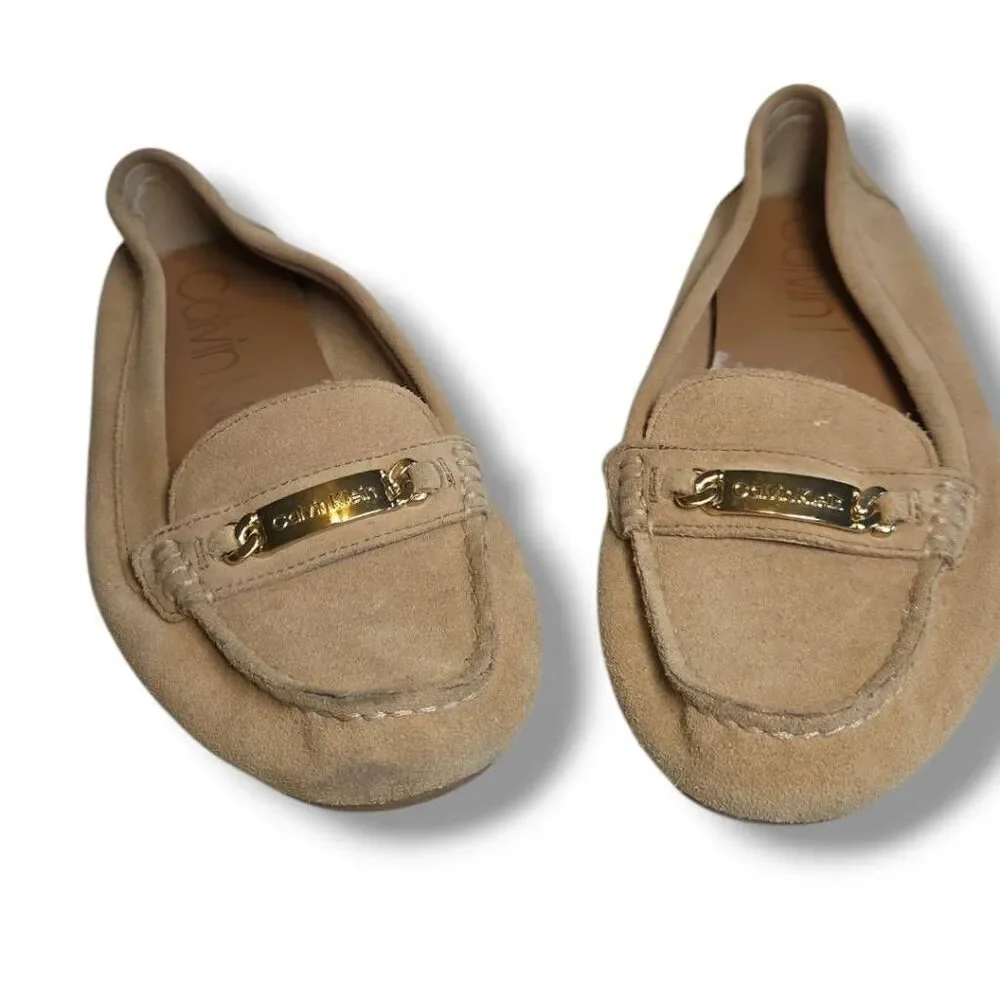 Calvin Klein Shoes Womens 9 Lunasi Loafers Moccasins Flats Beige Suede Slip On